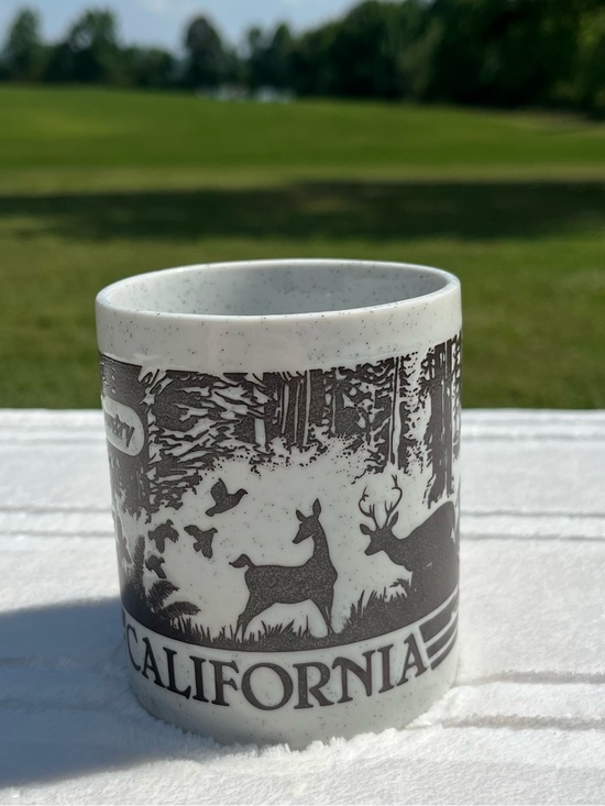 Vintage Other - Speckled White Ceramic Mug with Brown Forest Deer Design, California redwood